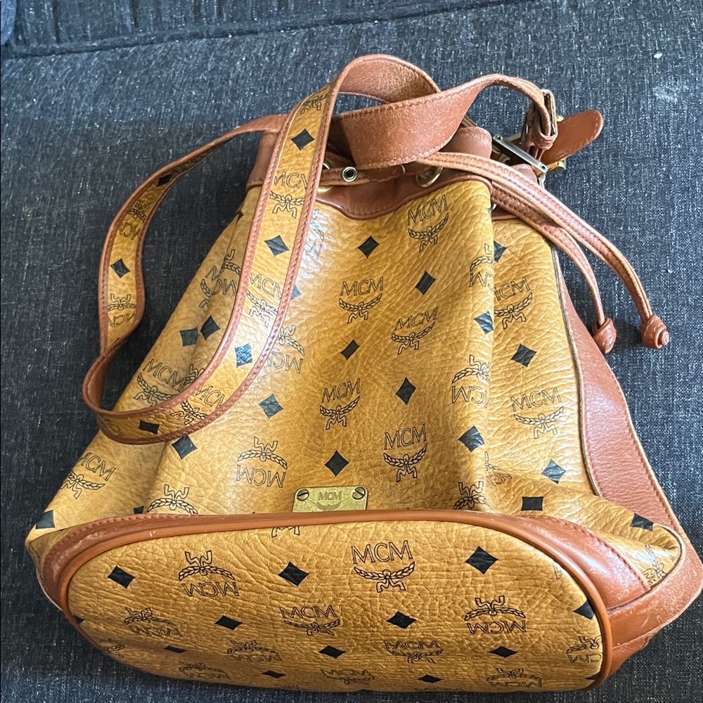 MCM Cognac Logo Drawstring Shoulder Bag with Brown Trim